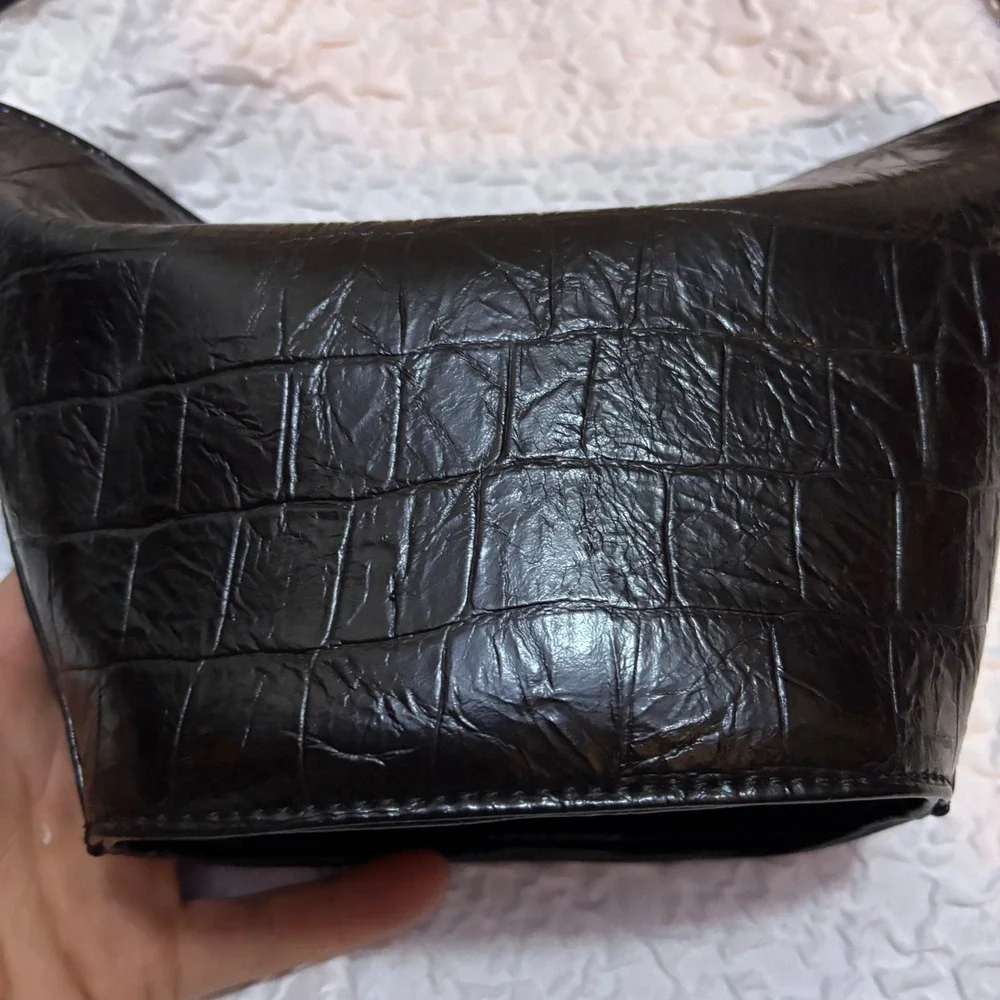 ZARA Black Croc Embossed Oval Draped Hobo Shoulder Bag‎ Minimalist Chic